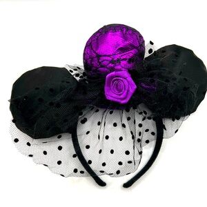 Halloween Costume Party Mickey Ears Headband Black Purple Flower Veil READ